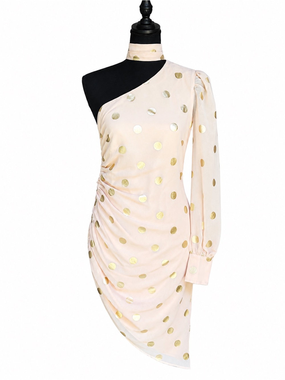 Camila Coelho One Shoulder Blush with Gold Polka Dot Ruched Midi Dress Small